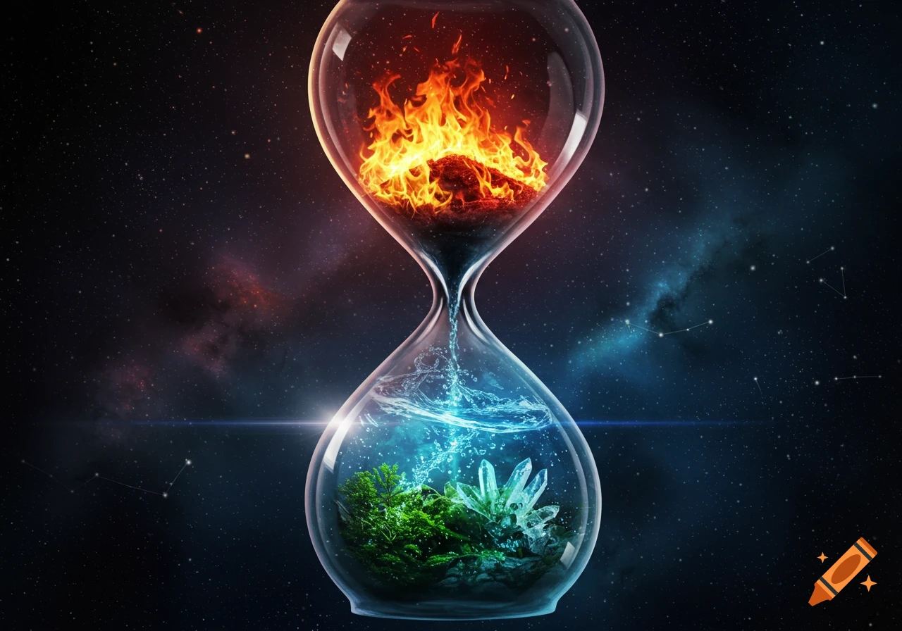 A photorealistic hourglass against a starry cosmic background, with the top bulb containing bright orange flames and the bottom bulb holding blue water, green foliage, and clear crystals.