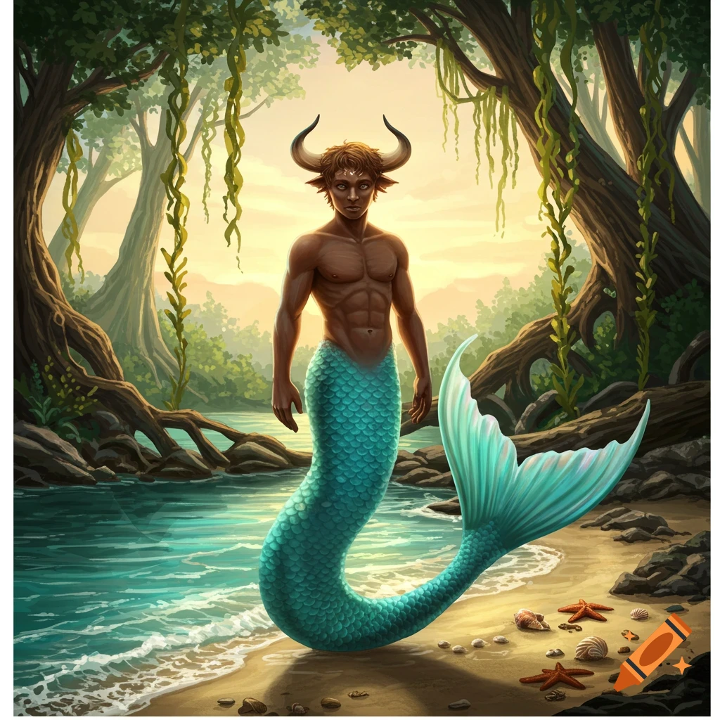 A male minotaur-merman hybrid stands on a sandy beach with a blue tail in a lush jungle setting, digital art.