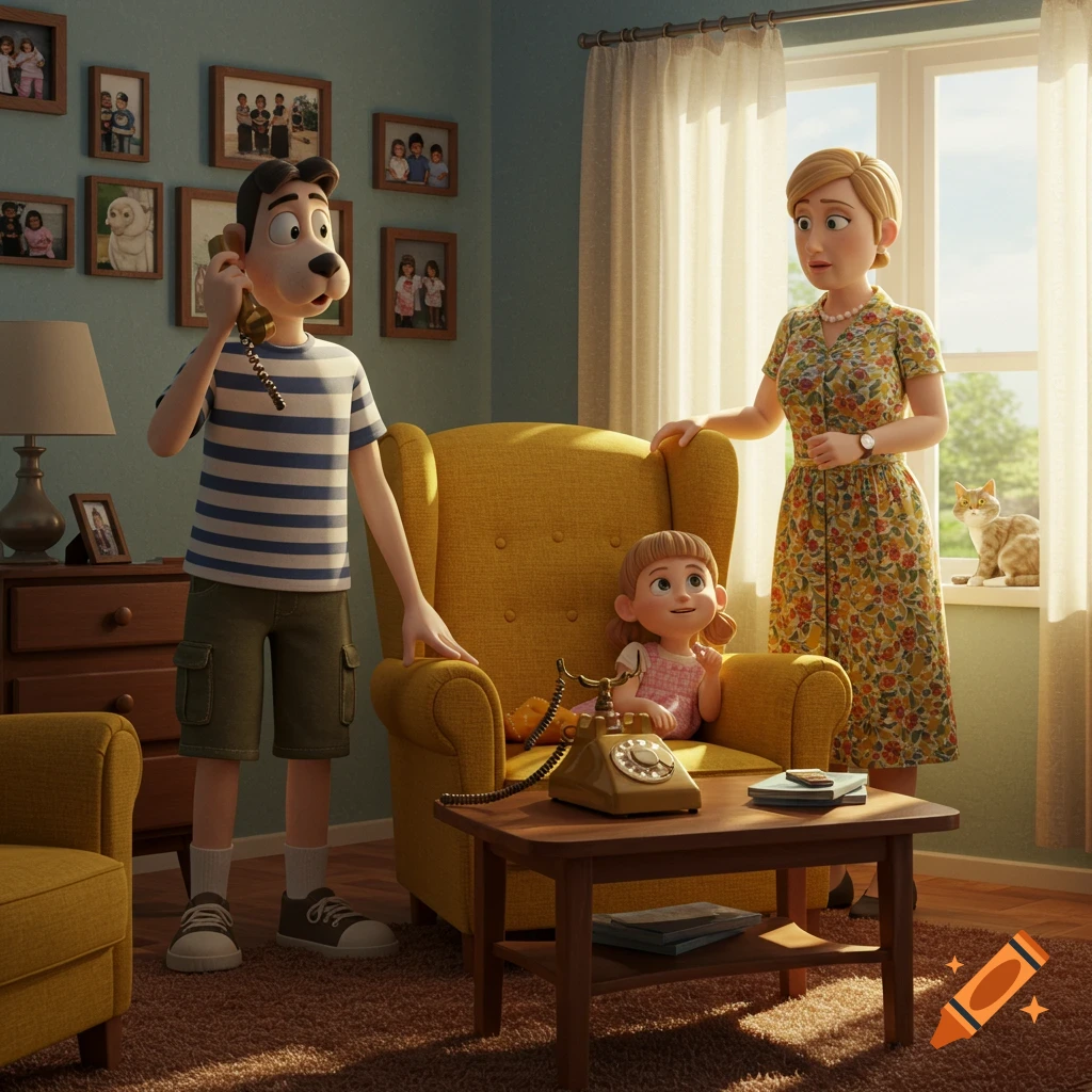 A 3D animated family scene in a cozy living room, featuring a man with a dog-like head on the phone, a woman, and a young girl in an armchair, with a cat by the window.