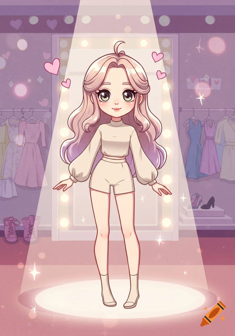 Anime-style girl in a spotlight, standing in a dressing room with clothes on racks.