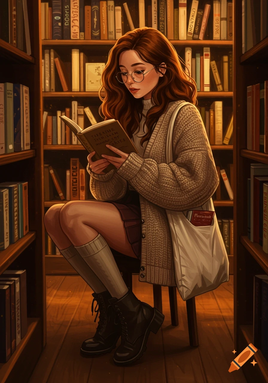 An illustrated young woman with long brown hair and glasses reads a book in a cozy library, surrounded by bookshelves.
