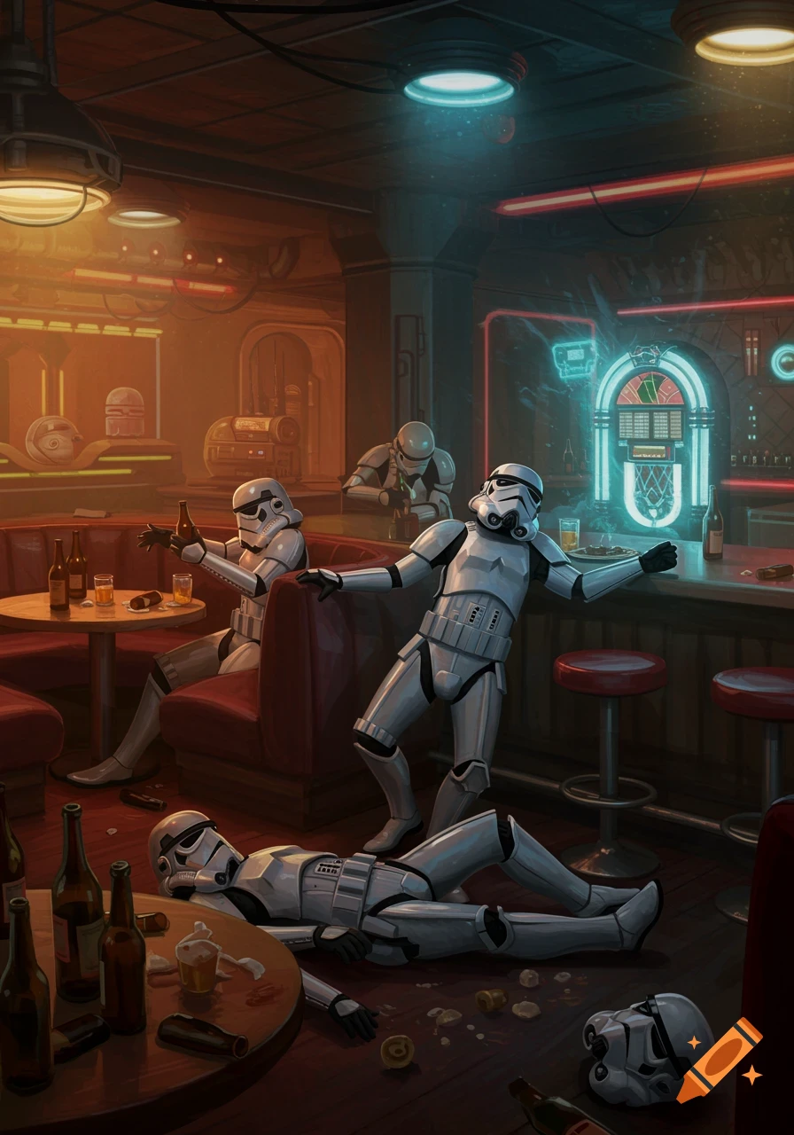 Drunk Stormtroopers in a dimly lit sci-fi bar, with some passed out on the floor and others at tables and the bar.