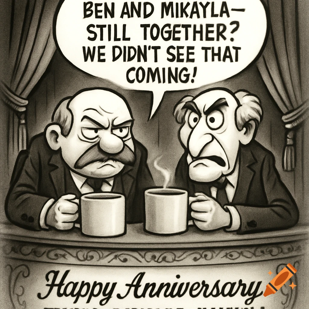 Black and white cartoon of two grumpy old men, like Statler and Waldorf, in a theater balcony, holding coffee mugs. A speech bubble reads, "Ben and Mikayla--still together? We didn't see that coming!" Below them, text reads "Happy Anniversary."