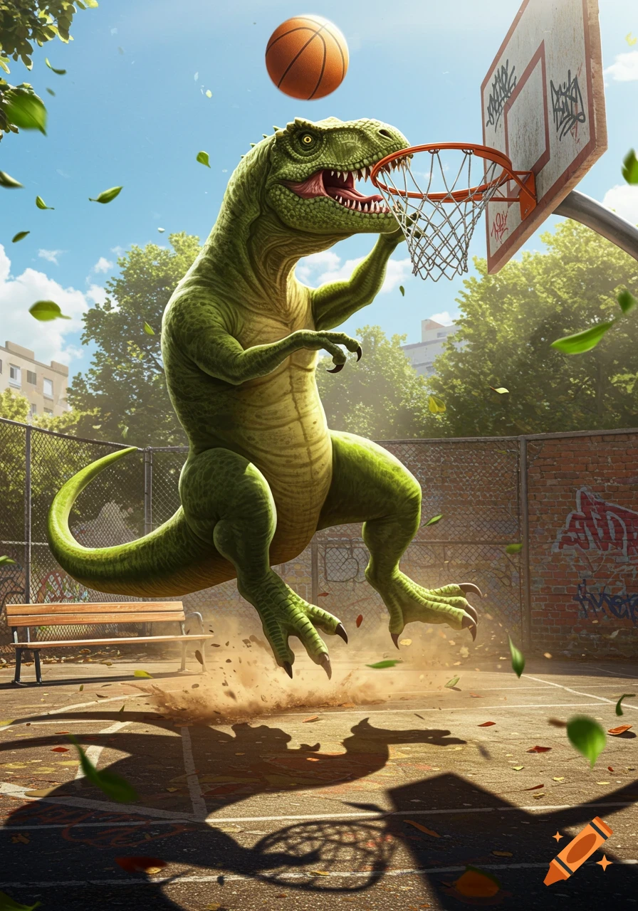 A large green Tyrannosaurus Rex jumps to dunk a basketball on an outdoor court, with leaves falling and a bright sky.