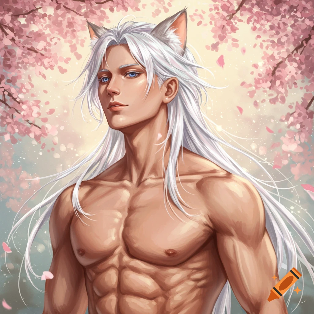Muscular anime man with white hair, blue eyes, and cat ears, surrounded by cherry blossoms.