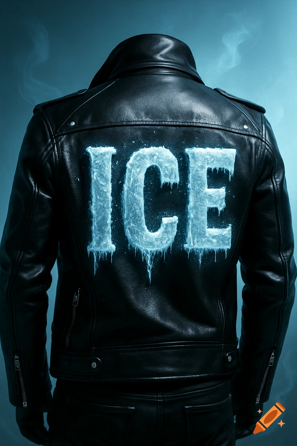 Back of a person wearing a black leather jacket with the word 'ICE' rendered in icy letters on the back, photorealistic style.