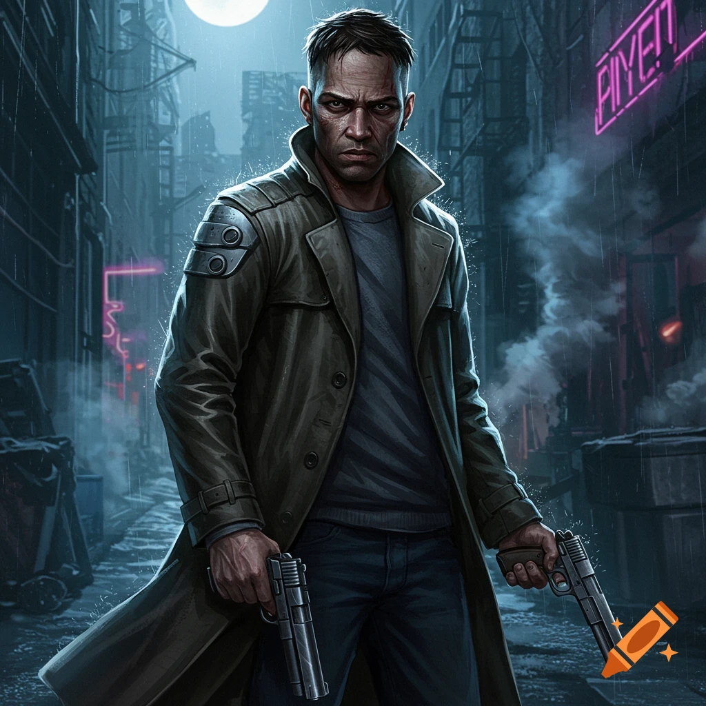 A man in a trench coat holding two pistols stands in a rainy, neon-lit cyberpunk alley.