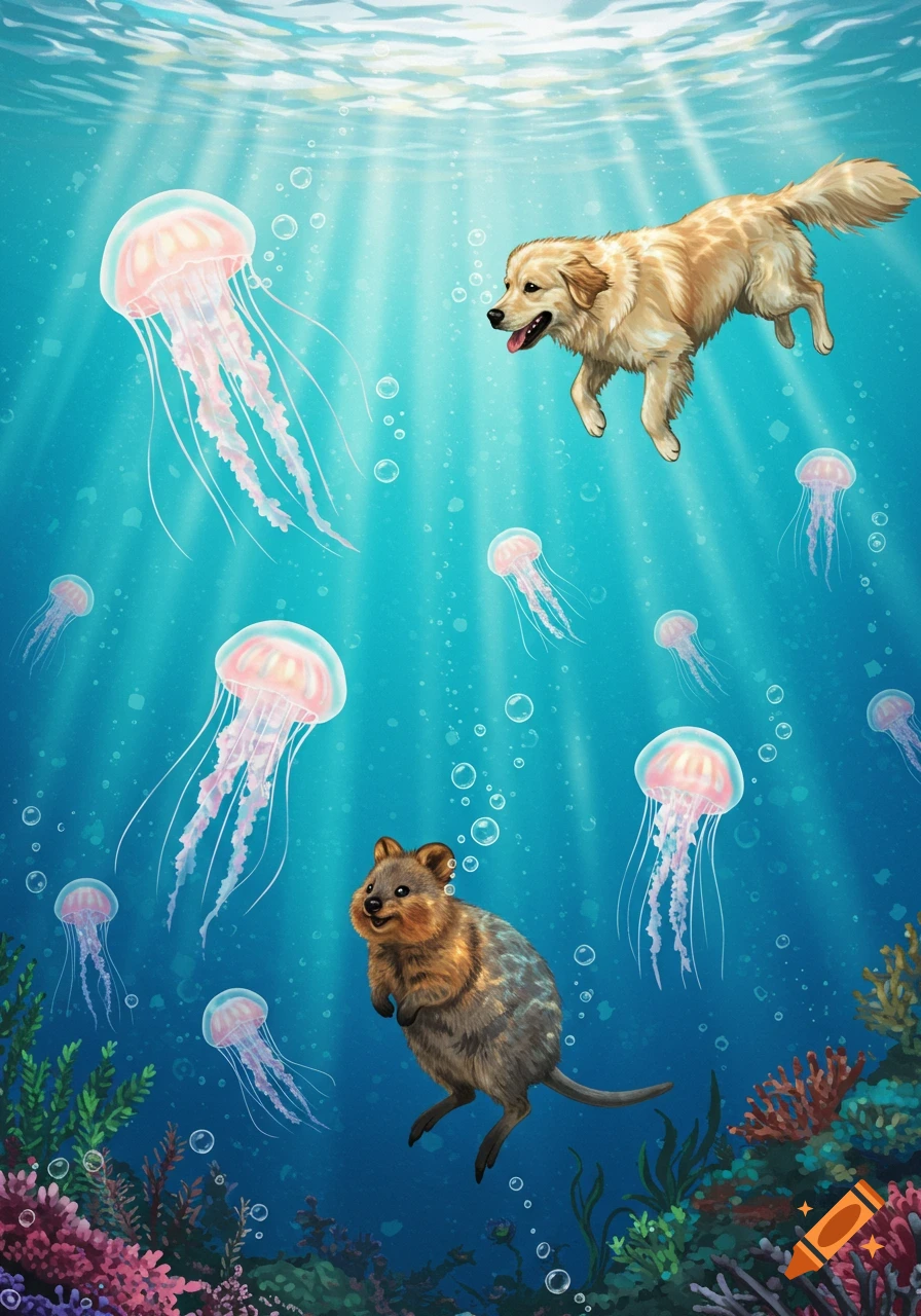 An illustrated golden retriever and quokka swim underwater with pink jellyfish, light rays, bubbles, and colorful coral.