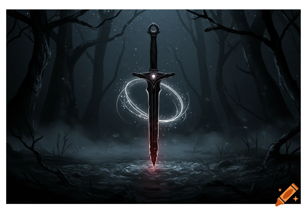 A stylized, glowing sword stands upright in a dark, misty forest, surrounded by swirling light.