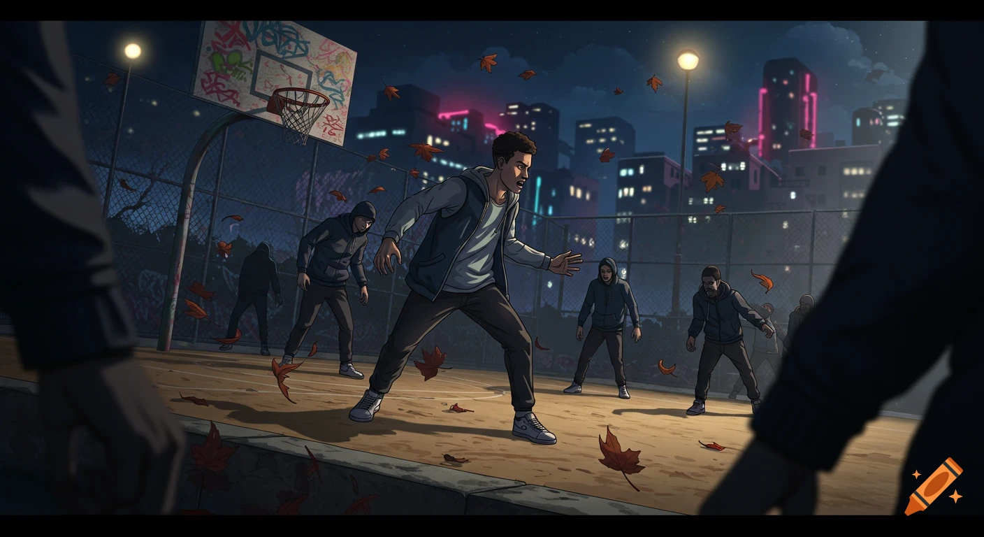 Cartoon image of young men on a basketball court at night with autumn leaves, one man in a fighting stance facing others.