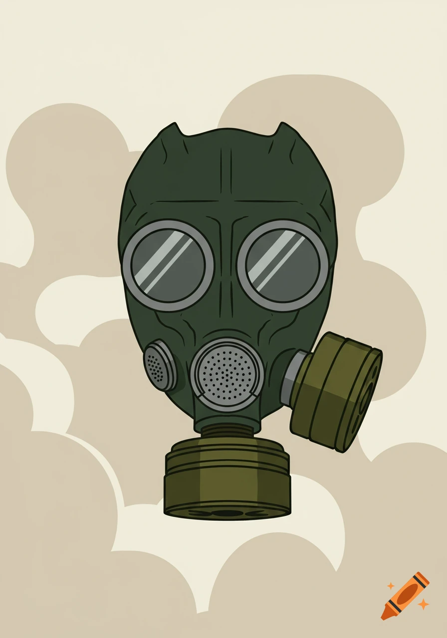 A dark green gas mask centered against a light brown background with stylized gas clouds in a flat illustration style.