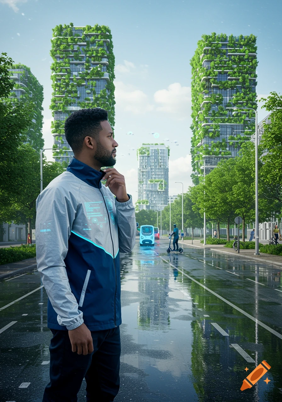 A man in a futuristic jacket stands on a wet street, looking at towering green-covered skyscrapers in a modern city.