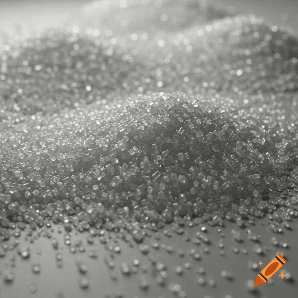 Close-up photorealistic image of white granulated sugar crystals piled up