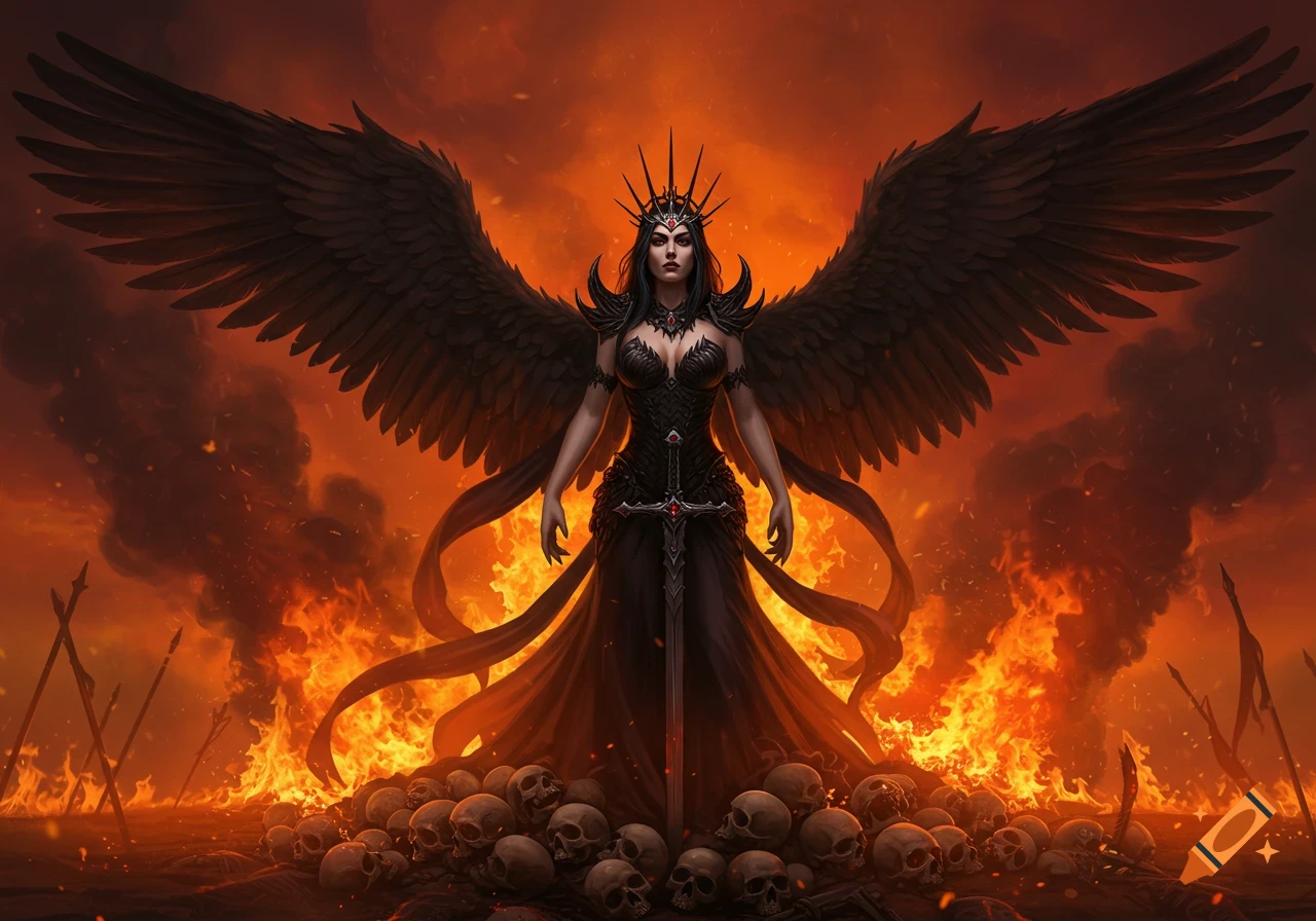 A dark queen with large black wings stands amidst a sea of fire and skulls.