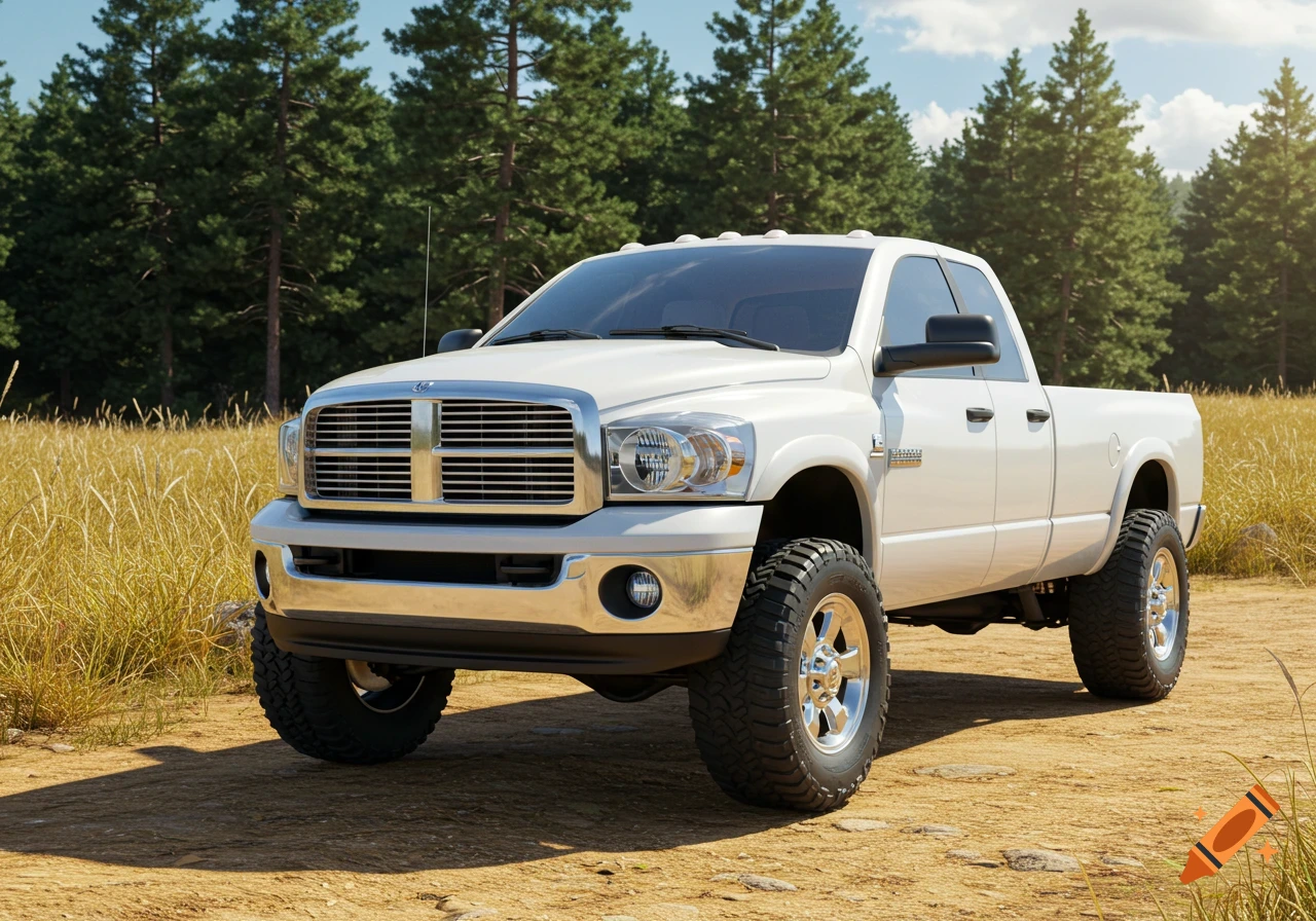 A white 2005 Dodge 2500 Quad Cab pickup truck parked on a dirt road in a field with pine trees under a clear sky, photorealistic style.