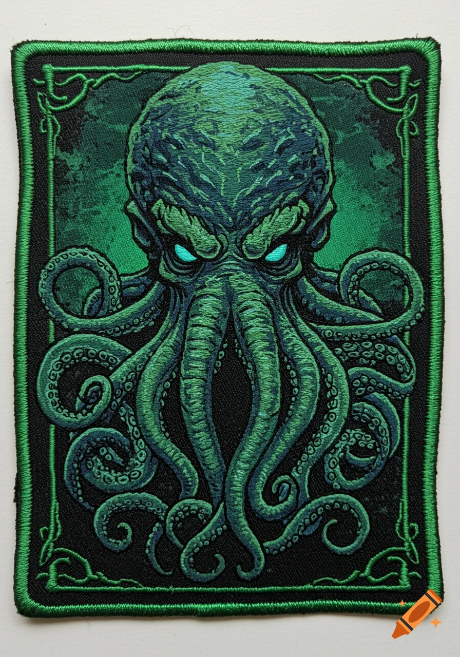 A close-up of an embroidered patch depicting a green Cthulhu with glowing turquoise eyes against a black background, framed by a green border.