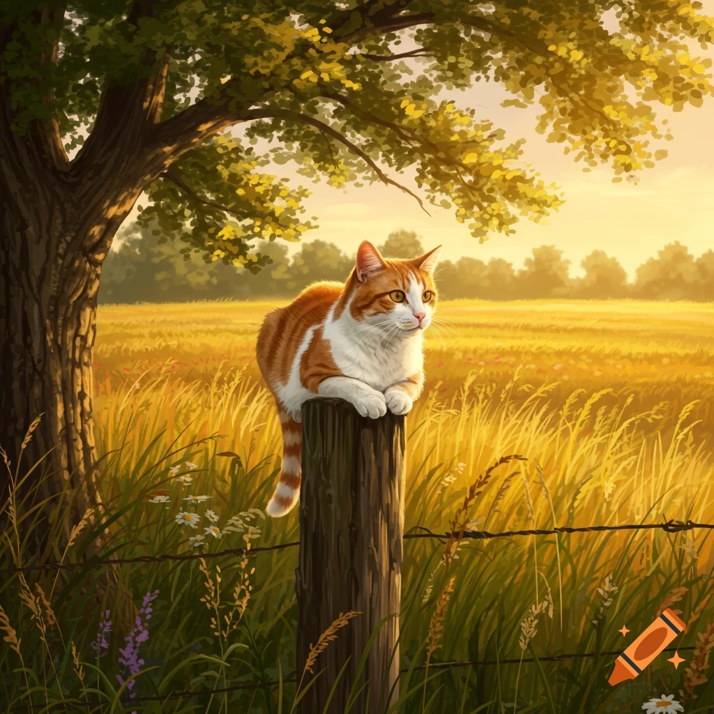 An orange and white cat sits on a wooden fence post in a golden field during sunset.