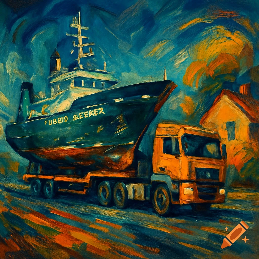 Abstract expressionist painting shows a large dark boat on a yellow truck, traveling on a road past a house, under a blue sky.