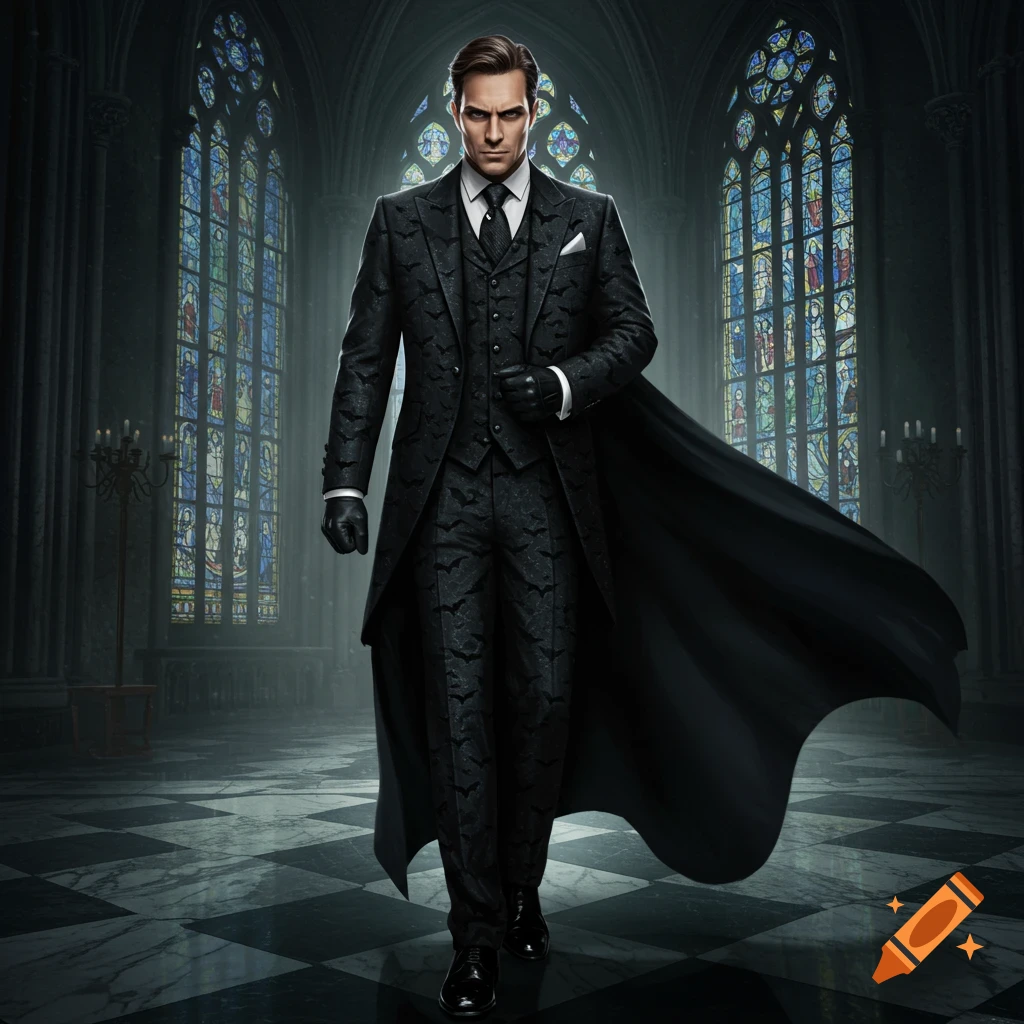A man in a black three-piece suit with a cape, resembling Batman, stands in a gothic cathedral with stained-glass windows.