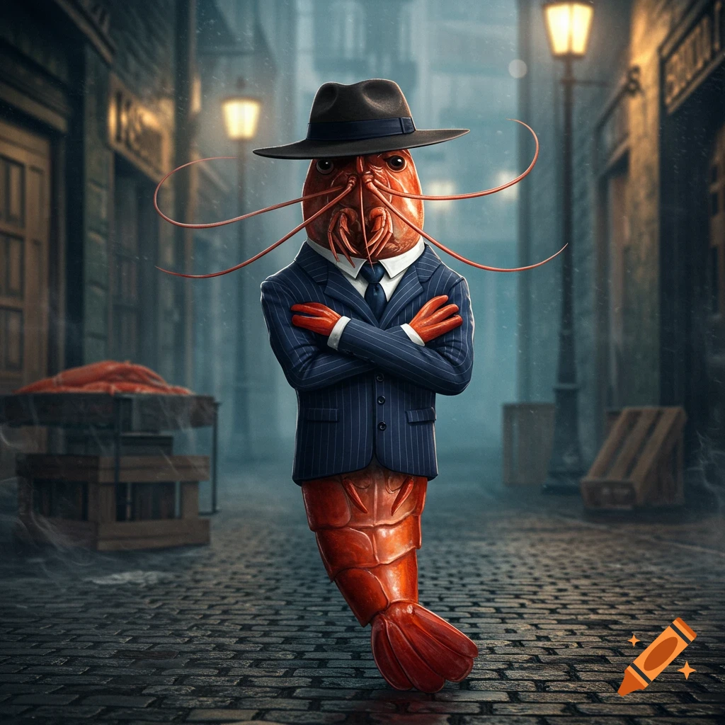 A photorealistic image of a shrimp in a pinstripe suit and fedora, standing with crossed arms in a dark, rainy city alley.