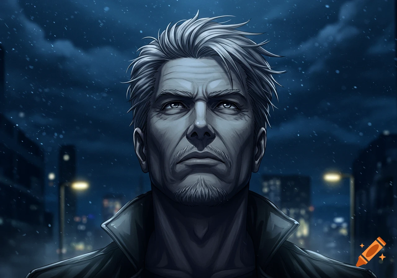 An anime-style portrait of a serious, gray-haired man with a goatee looking up, in a dark, rainy cityscape at night.