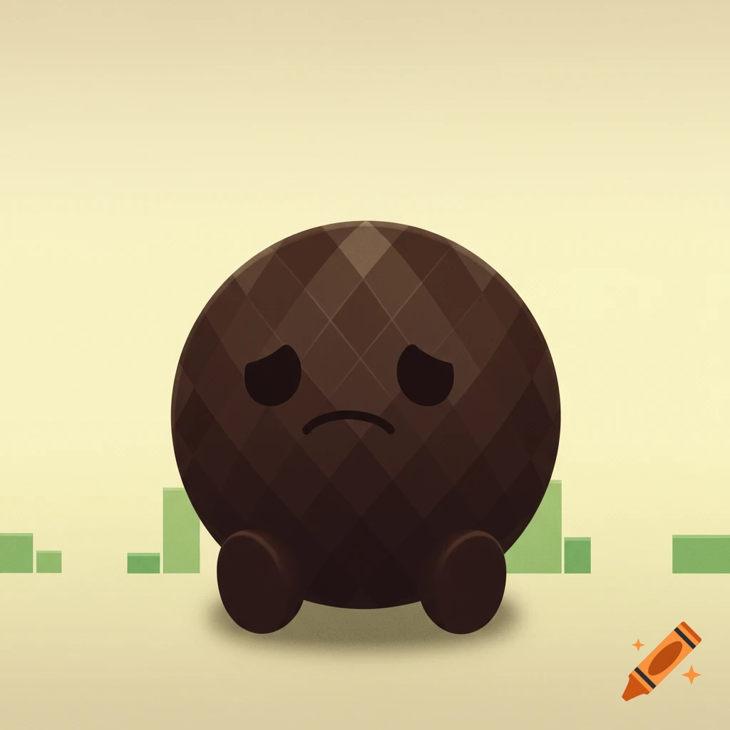 A sad, dark brown, diamond-patterned sphere character with small feet sits on a light beige background with green blocks.
