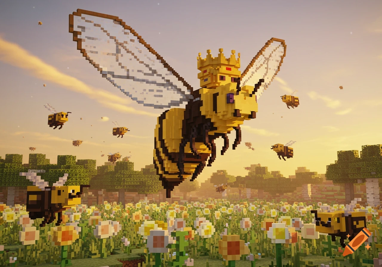A giant pixelated queen bee wearing a crown flies over a blocky flower field with smaller bees under a golden sky, in the style of Minecraft.