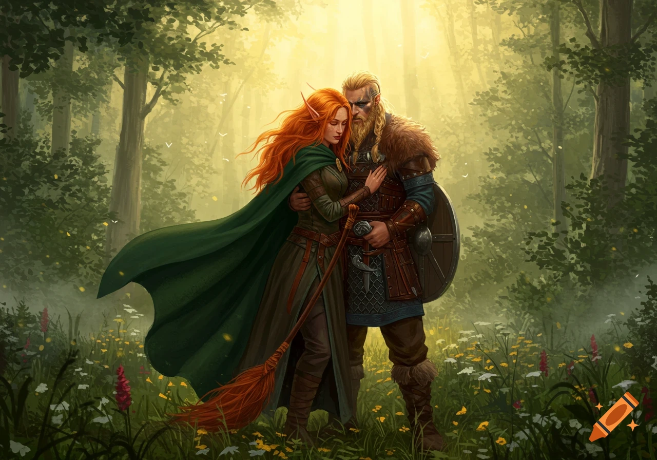 A red-haired elf woman in a green cloak embraces a blond Viking man with an axe and shield in a sunlit forest.