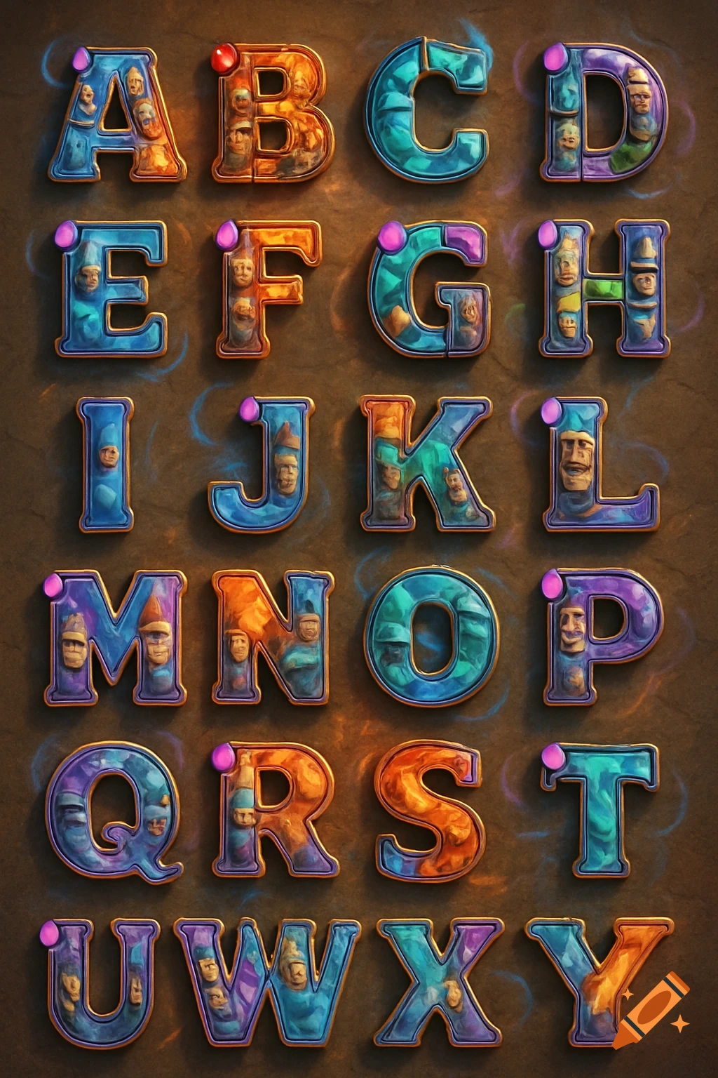 A colorful, stylized alphabet, with each letter featuring distorted, fantastical faces, reminiscent of characters from Clash Royale.
