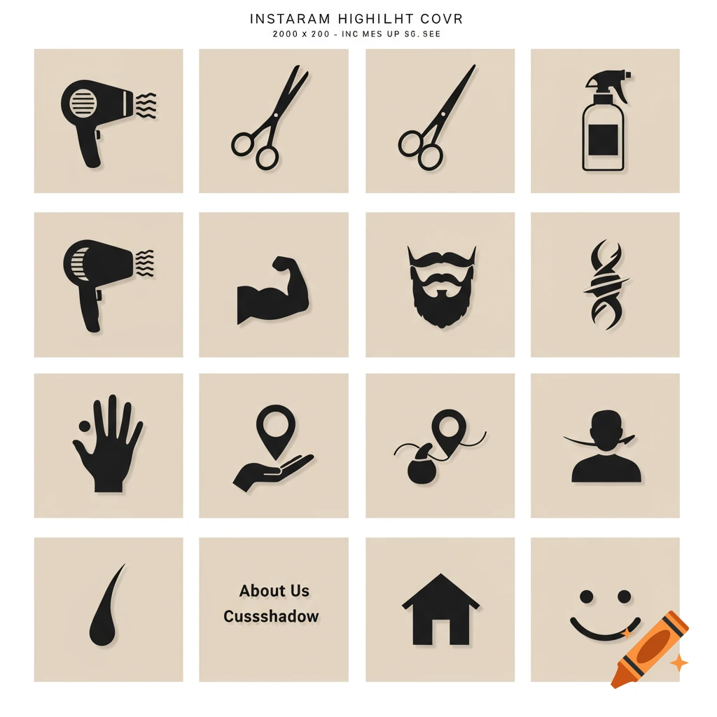 A grid of sixteen black silhouette icons on a beige background, including hair dryers, scissors, a spray bottle, a bicep, a beard, a stylized abstract shape, a hand, location pins, a profile with a mustache, a single hair, a house, and a smiley face. One square also contains the text 'About Us Cussshadow'.