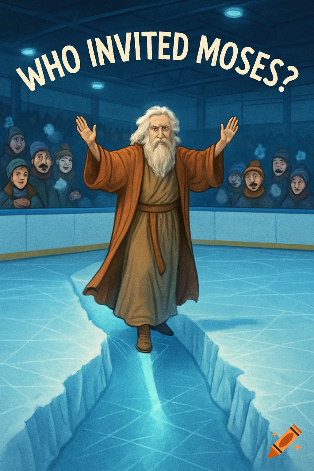 Cartoon of Moses with long beard and robe, parting ice on a rink as spectators watch. Text: 'WHO INVITED MOSES?'