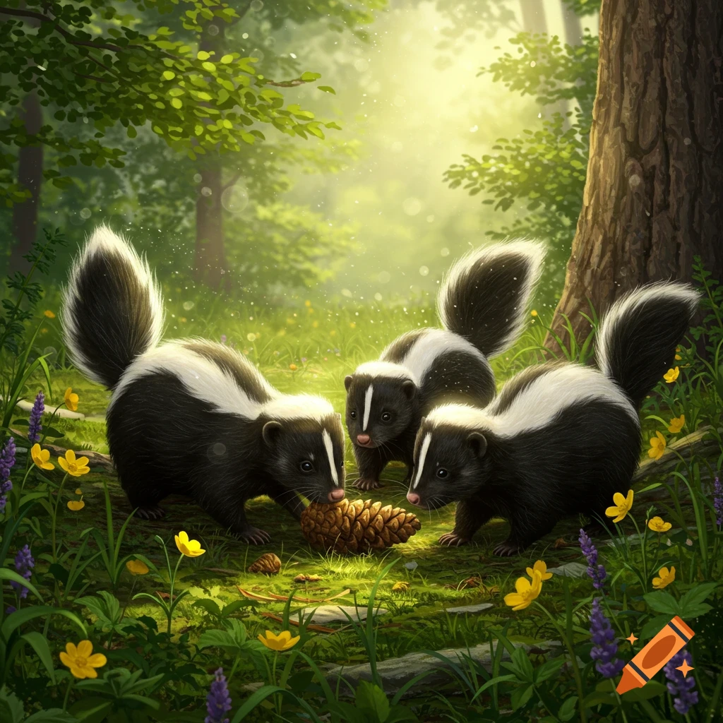 Three skunks foraging for food on a mossy forest floor filled with yellow and purple flowers, with sunlight streaming through the trees.