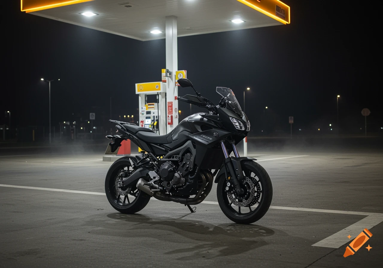 A black motorcycle parked at a Shell gas station at night.