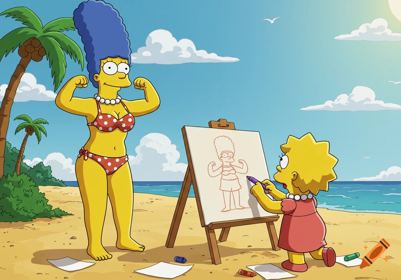 Marge Simpson in a red polka-dot bikini flexes on a sunny beach while Lisa draws her on an easel in The Simpsons cartoon style.