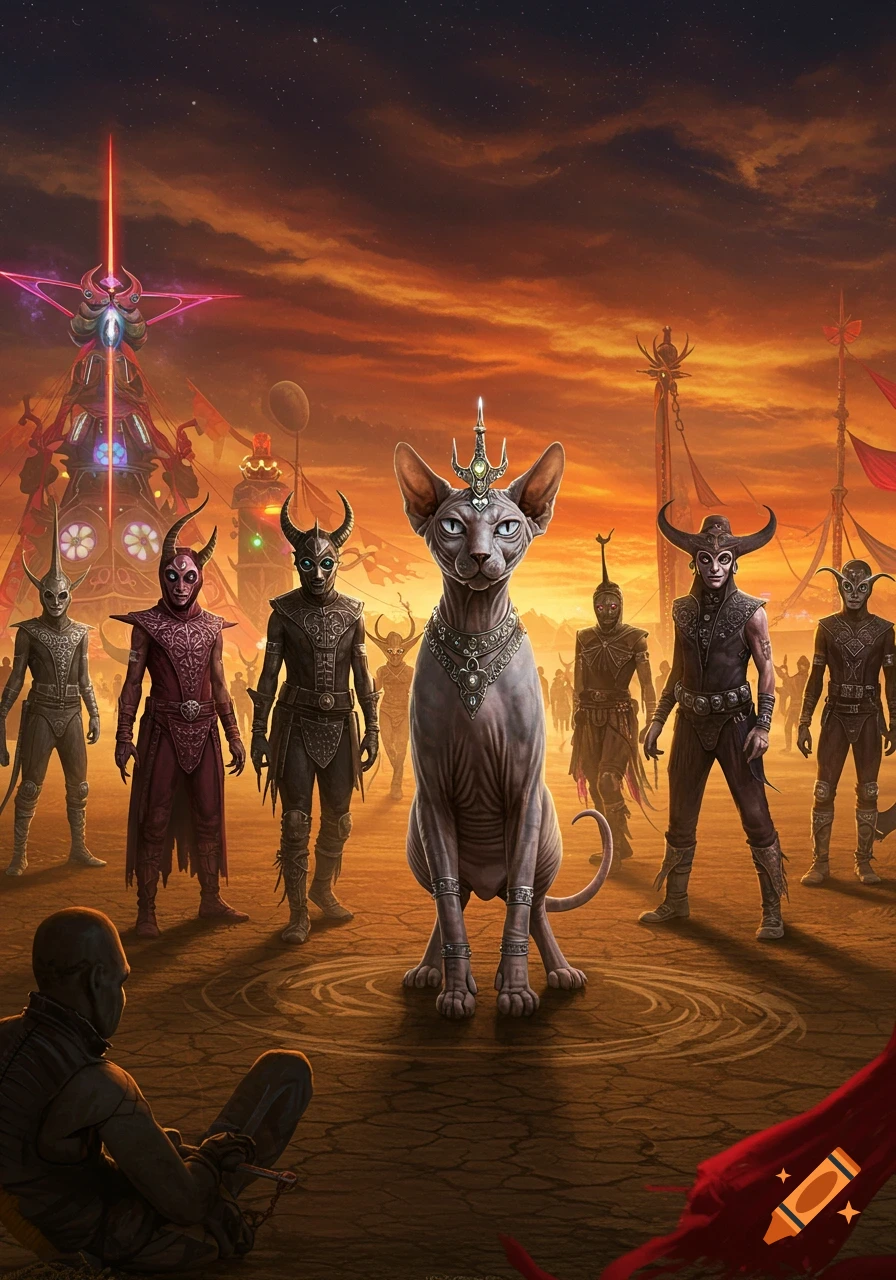 A large sphinx cat with jewelry and a crown sits majestically in a desert, surrounded by costumed figures and futuristic structures under a sunset sky.