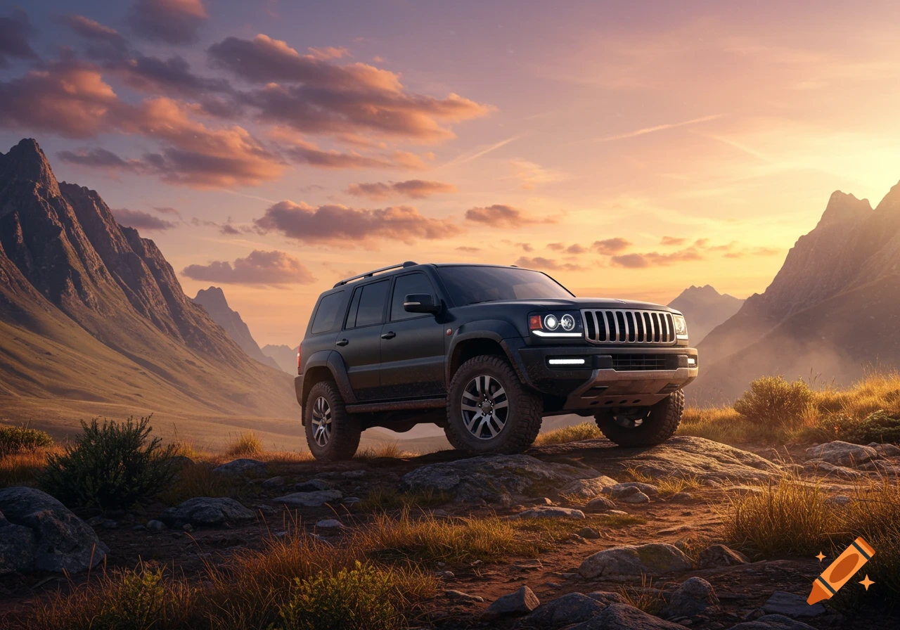 Photorealistic image of a dark SUV parked on a rocky path in a mountain valley at sunset, with a vibrant sky.
