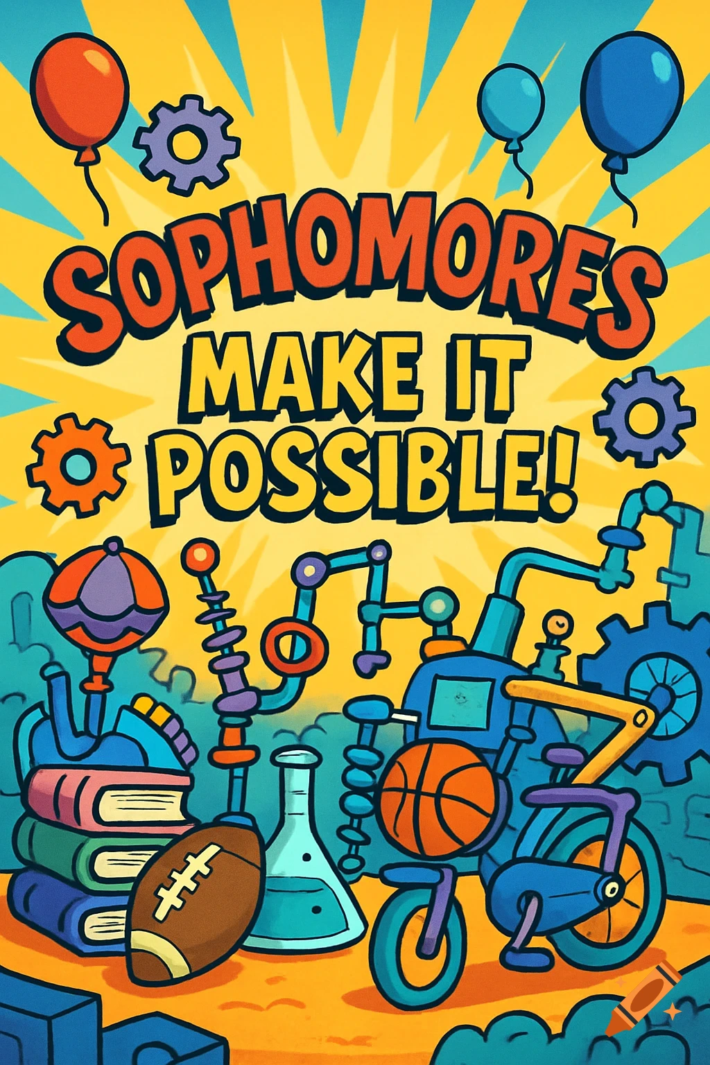 Colorful cartoon poster with text 'SOPHOMORES MAKE IT POSSIBLE!', featuring school, science, and sports items.