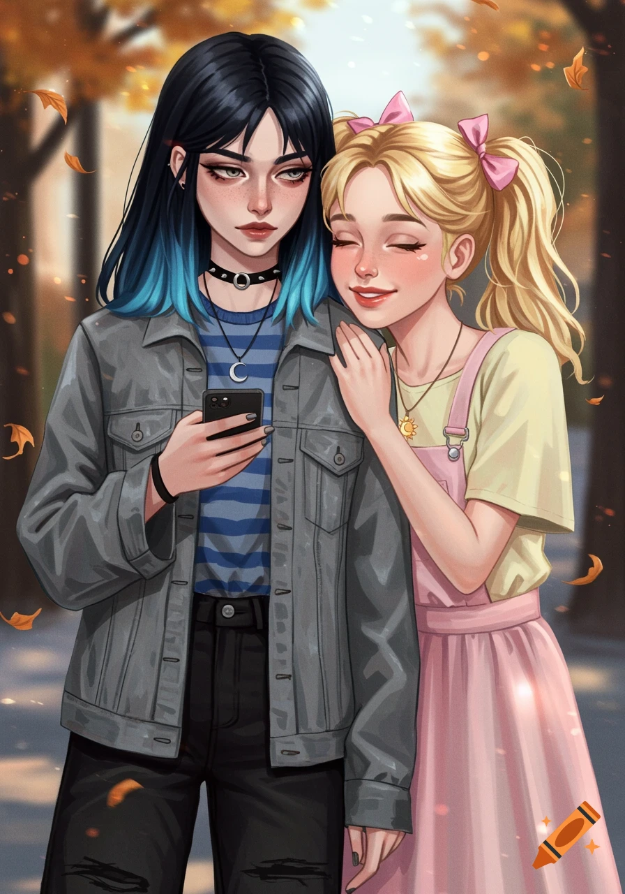 Two cartoon girls stand in autumn foliage; one with blue-tipped black hair looks at her phone, while a blonde girl with pigtails nuzzles her.