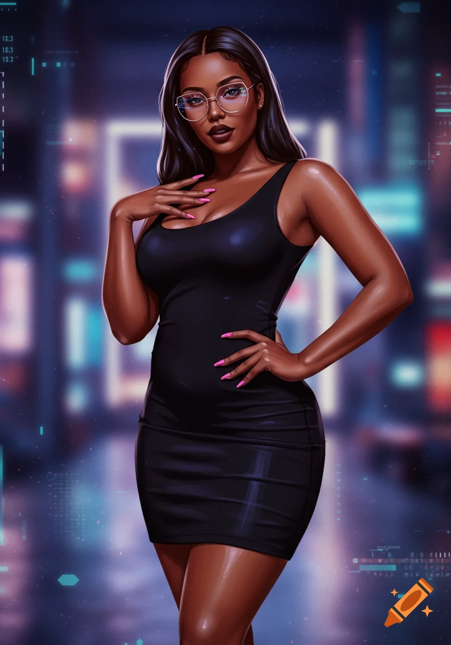A stylized portrait of a dark-skinned woman with glasses, long dark hair, dark lipstick, and pink nails, posing in a black dress against a blurred, neon-lit urban background.