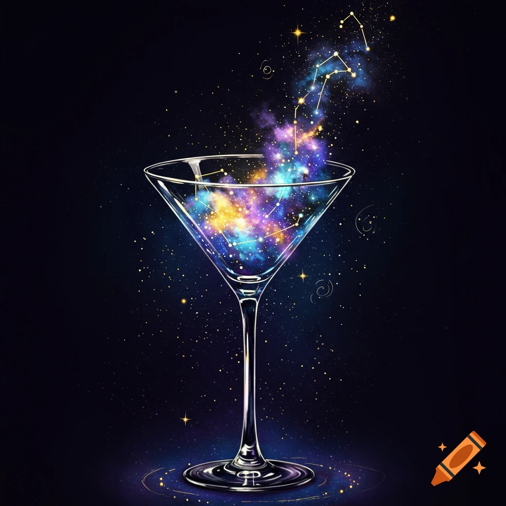 A graphic illustration of a martini glass overflowing with a vibrant cosmic galaxy of stars and nebulae.