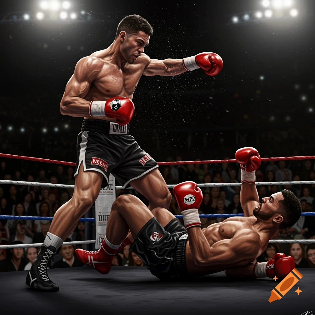 A victorious boxer stands over his defeated opponent lying on the canvas in a brightly lit boxing ring, stylized illustration.