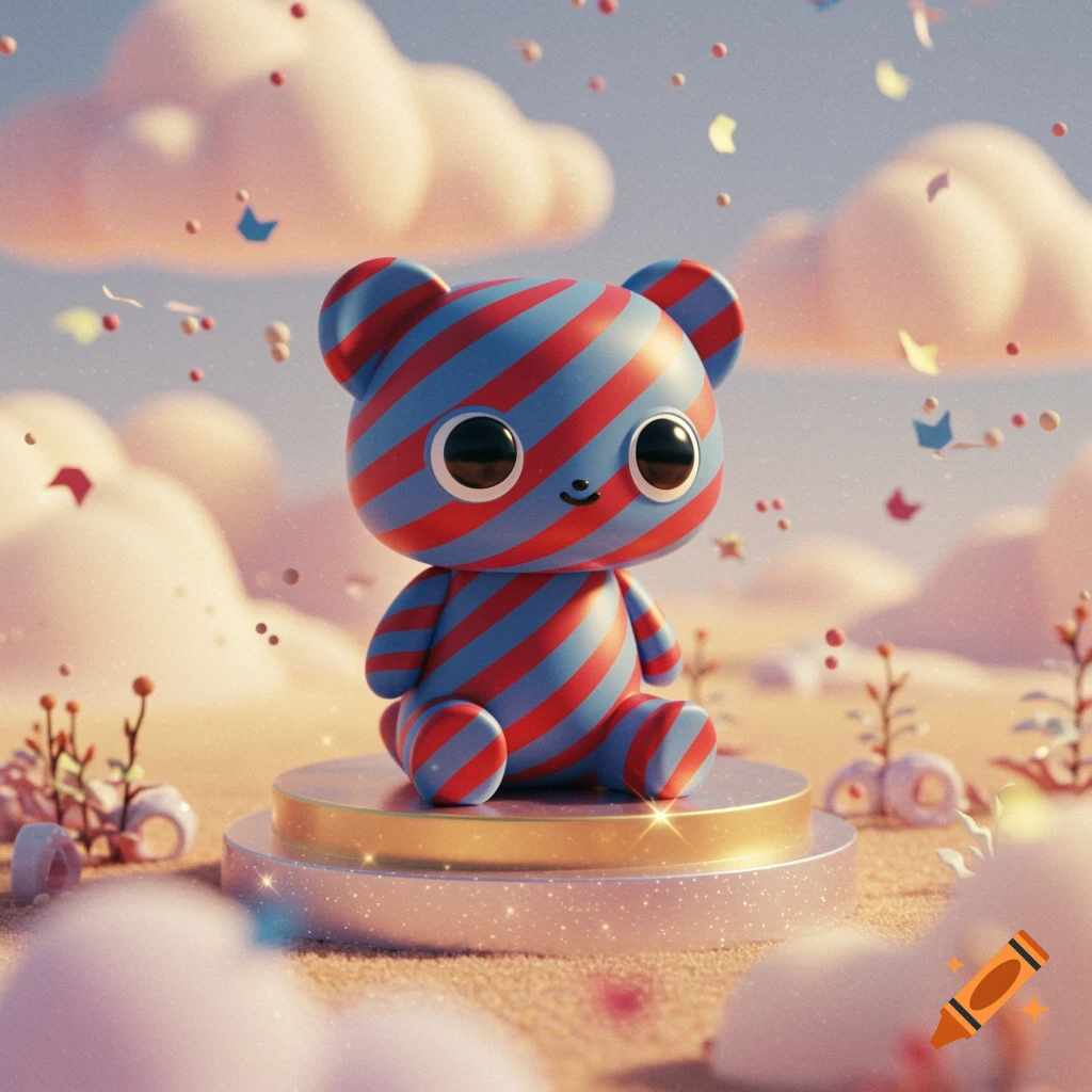 A cute 3D rendered toy bear with red and blue stripes sits on a shiny pedestal amidst soft clouds and floating confetti in a whimsical landscape.