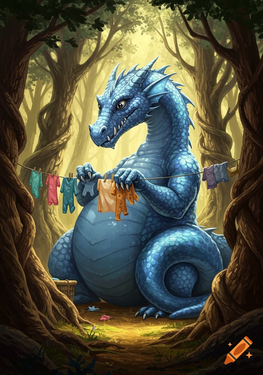 A large blue dragon hangs tiny colorful clothes on a laundry line in an enchanted forest, illustrated in a fantasy art style.
