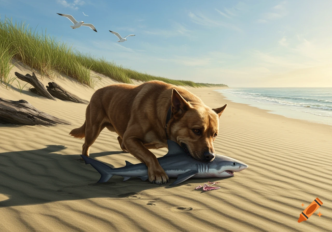 A brown dog on a sandy beach holds a small shark in its mouth, with seagulls flying above and the ocean behind it.