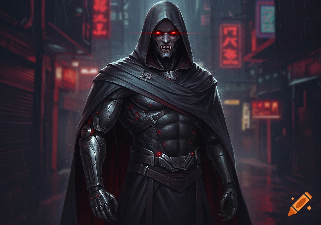 A tall male figure in a black hooded cloak and dark futuristic body armor with red glowing eyes and vampire teeth stands in a rainy, neon-lit cyberpunk alley.