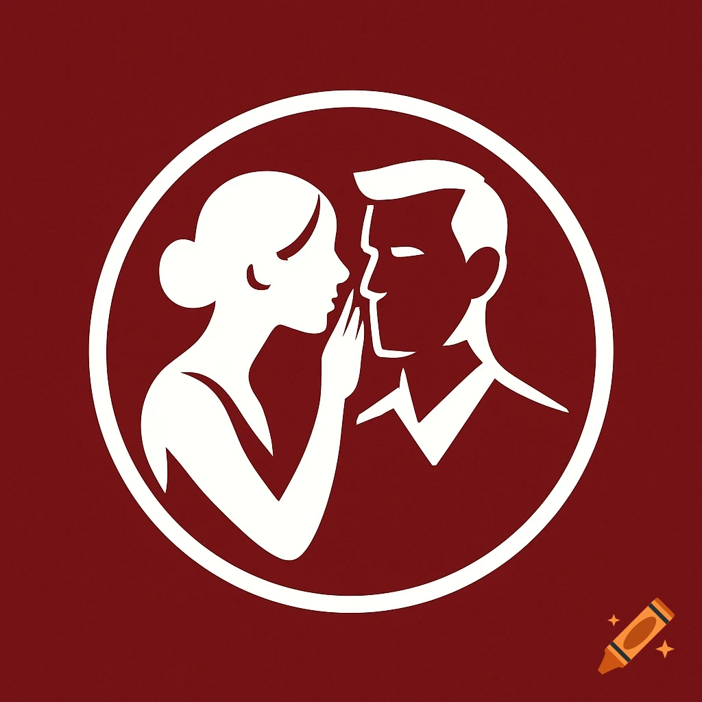 Minimalist white silhouette of a woman whispering into a man's ear within a circle on a red background.