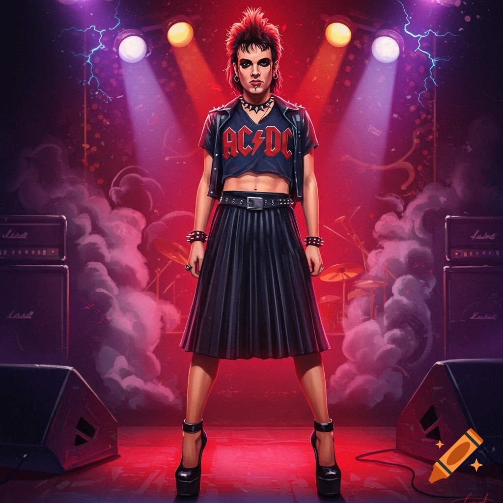 Digital art of a male rocker in an AC/DC crop top, skirt, and high heels on a concert stage.