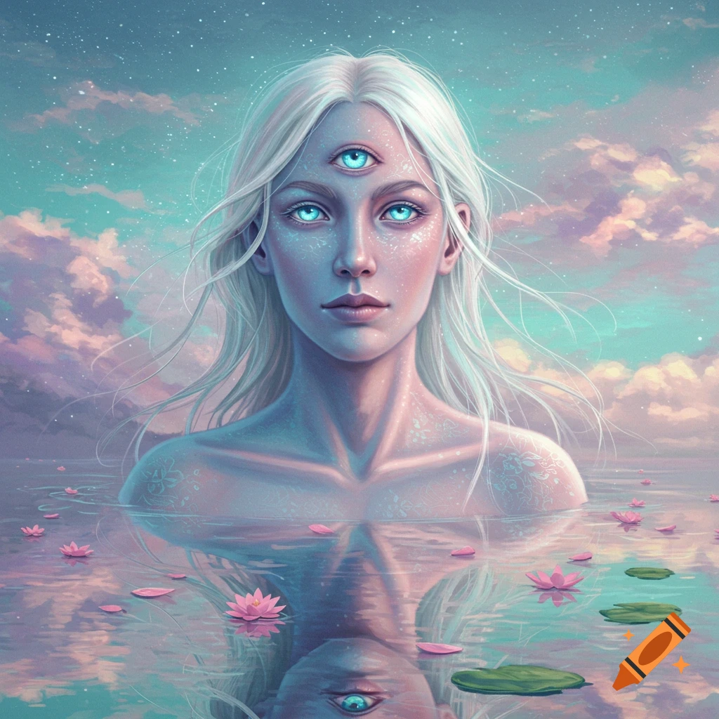 A three-eyed woman with long white hair emerges from tranquil water with pink lotus flowers, under a celestial, cloud-filled sky, digital art.