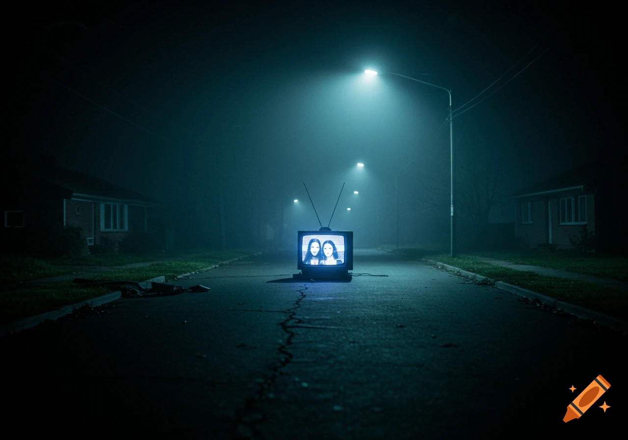 A vintage TV set displays two eerie female figures on a dark, foggy street at night under streetlights, creating an unsettling atmosphere.