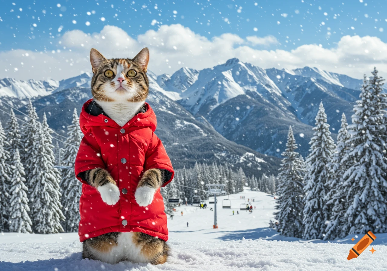 A photorealistic calico cat in a red ski parka stands on snow in a winter mountain landscape with evergreen trees and a ski resort.